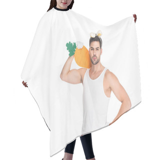 Personality  Man With Bunny Ears Holding Big Carrot On Shoulder Isolated On White, Easter Concept Hair Cutting Cape