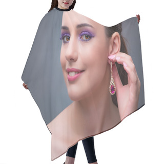 Personality  Beautiful Woman With Jewellery In Fashion Concept Hair Cutting Cape