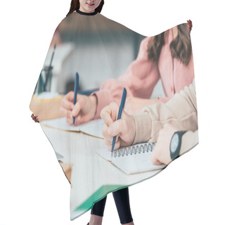 Personality  Cropped View Of Students With Pens Writing In Notebooks Hair Cutting Cape