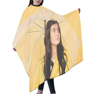 Personality  Beautiful Pensive Woman Posing With Transparent Umbrella, Isolated On Yellow Hair Cutting Cape