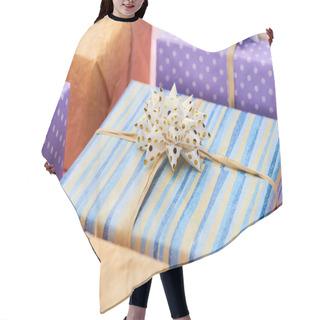 Personality  Selective Focus Of Stripped Present Near Colorful Gifts  Hair Cutting Cape