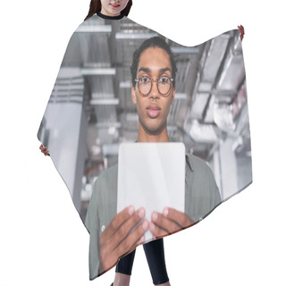 Personality  Young African American Programmer Holding Digital Tablet While Looking At Camera In Data Center Hair Cutting Cape