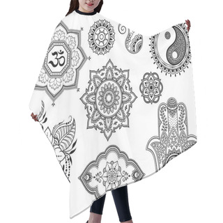 Personality  Big Set Of Mehndi Flower Pattern, Lotus, Mandala, Mantra OM, Yin-yang Symbol And Hamsa For Henna Drawing And Tattoo. Decoration In Ethnic Oriental, Indian Style. Hair Cutting Cape