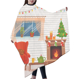 Personality  Christmas Room Interior In Colorful Cartoon Flat Style. Hair Cutting Cape