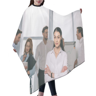 Personality  Selective Focus Of Businesswoman And Colleagues Behind At White Board In Office Hair Cutting Cape