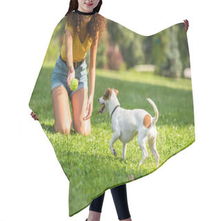 Personality  Partial View Of Young Woman Throwing Ball To Jack Russell Terrier Dog Hair Cutting Cape