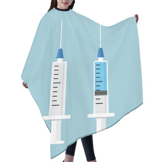 Personality  Empty Syringe For Injection And Syringe With Blue Vaccine. Vector Illustration Hair Cutting Cape