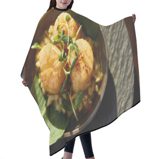 Personality  Top View Of Delicious Grilled Scallops Served In Pan With Microgreens In Sunlight Hair Cutting Cape