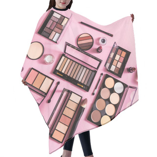 Personality  Top View Of Blush And Eye Shadow Palettes Near Cosmetic Brushes And Lipsticks On Pink Hair Cutting Cape