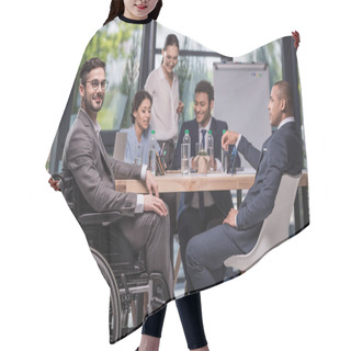 Personality  Smiling Disabled Businessman Hair Cutting Cape