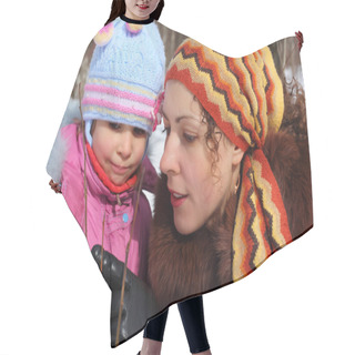 Personality  Mother And Daughter In Wood In Winter Closeup Hair Cutting Cape