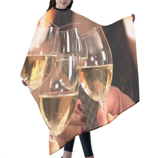 Personality  Clicking Glasses With White Wine. Hair Cutting Cape