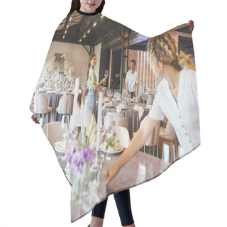 Personality  Blurred Woman Arranging Festive Table Setting Near Smiling Team Working In Modern Event Hall Hair Cutting Cape