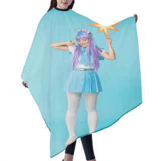 Personality  Full Length View Of Dissatisfied Asian Anime Girl On Blue Hair Cutting Cape