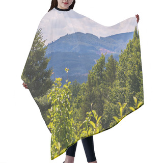 Personality  A Panorama Of Green Plantations Against The Background Of A Forest Top Of A Mountain With A Blue Sky Hair Cutting Cape