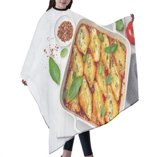 Personality  Ricotta And Spinach Stuffed Shell  Pasta With Tomato Sauce In White Baking Dish, White Background, Top View Hair Cutting Cape