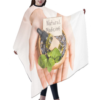 Personality  Cropped Image Of Woman Holding Bowl With Essential Oil And Natural Medicine Sign Isolated On White Hair Cutting Cape