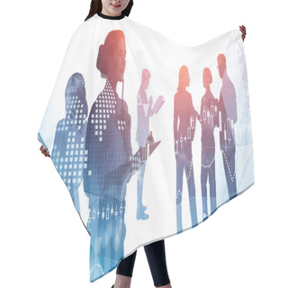 Personality  Silhouettes Of Business People Working In Blurry City With Double Exposure Of Cityscape And Planet Hologram. Toned Image Hair Cutting Cape
