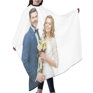 Personality  Portrait Of Smiling Bride With Wedding Bouquet And Groom Isolated On White Hair Cutting Cape