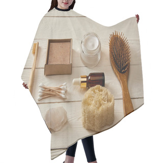 Personality  Flat Lay Of Hygiene And Cosmetic Items On White Wooden Surface, Zero Waste Concept Hair Cutting Cape