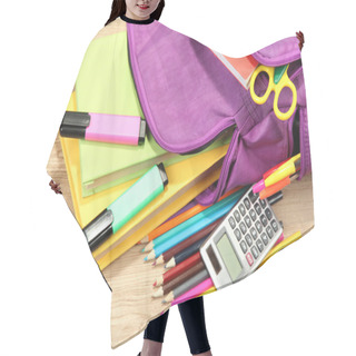 Personality  Purple Backpack With School Supplies On Wooden Background Hair Cutting Cape