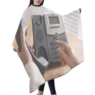 Personality  Woman Using Desktop Telephone At Wooden Table In Office, Closeup. Hotline Service Hair Cutting Cape