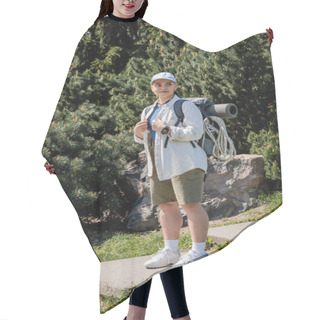 Personality  Positive Young Female Traveler In Baseball Cap And Casual Clothes Holding Backpack And Looking Away While Standing With Nature At Background, Curious Hiker Exploring New Landscapes Hair Cutting Cape