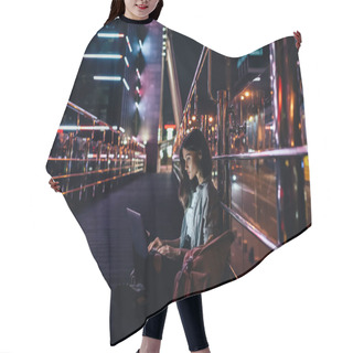 Personality  Side View Of Young Woman Using Laptop On Street With Night City Lights On Background Hair Cutting Cape