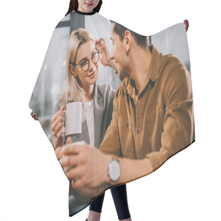 Personality  Attractive Woman In Glasses Flirting With Man While Holding Cup Hair Cutting Cape