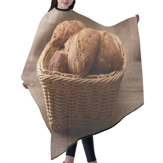 Personality  Fresh Baked Buns In Wicker Basket On Wooden Table With Sackcloth On Background Hair Cutting Cape