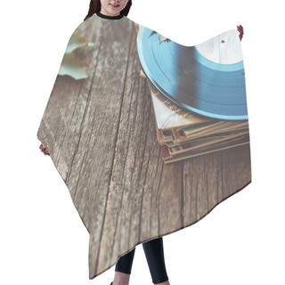 Personality  Vintage Old Vinyl Records On Wooden Autumn Background, Selective Focus Decorated With Few Leaves. Music, Fashion, Texture, Art Concepts. Pop Culture And Seasonal Objects Hair Cutting Cape