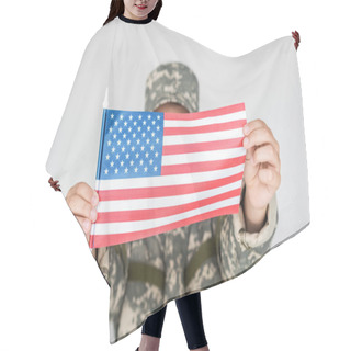 Personality  Obscured View Of Kid In Camouflage Clothing Showing American Flagpole In Hands Isolated On Grey Hair Cutting Cape