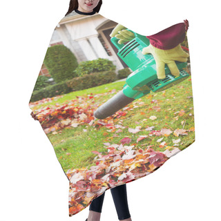 Personality  Electrical Blower Cleaning Leaves From Front Yard During Autumn Hair Cutting Cape