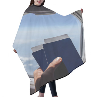 Personality  Cropped View Of Man Holding In Hand Passports With Air Tickets Near Airplane Porthole Hair Cutting Cape