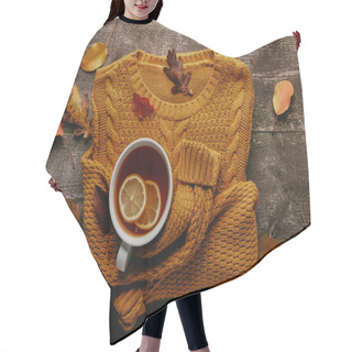 Personality  Flat Lay With Fallen Leaves, Cup Of Tea With Lemon Pieces And Orange Sweater On Wooden Tabletop Hair Cutting Cape