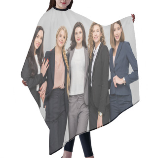 Personality  Beautiful Young Businesswomen Standing And Smiling Isolated On Grey Hair Cutting Cape