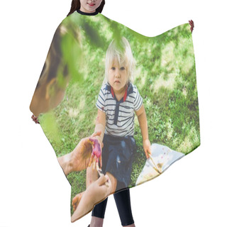 Personality  Cute Blonde Boy With Young Mother On Green Grass Outdoor Hair Cutting Cape