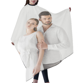 Personality  Handsome Man In Linen Clothes Embracing Girlfriend Isolated On Grey Background Hair Cutting Cape