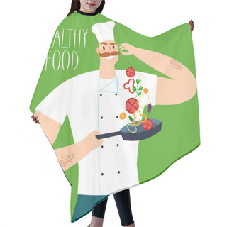 Personality  Cartoon Chief Cooking Vegetables. Colorful Illustration With Healthy Food Title For Your Design. Hair Cutting Cape