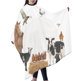 Personality  Group Of Farm Animals Surrounding A Blank Sign Hair Cutting Cape