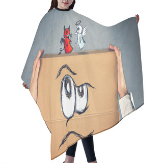 Personality  Businessman With A Cardboard Box And Angel And Devil On His Head Hair Cutting Cape