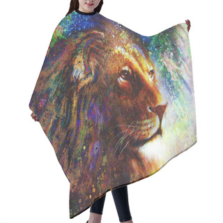 Personality  Lion Face Profile Portrait, On Colorful Abstract Feather Pattern Background. Hair Cutting Cape