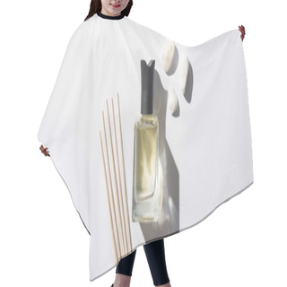 Personality  Top View Of Aroma Sticks With Perfume In Bottle Near Stones On White Background, Panoramic Shot Hair Cutting Cape