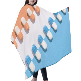 Personality  Top View Of Blue And Orange Pills On Colorful Surface Hair Cutting Cape