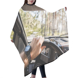 Personality  Cropped View Of Man With Watch Driving Car In Forest Hair Cutting Cape