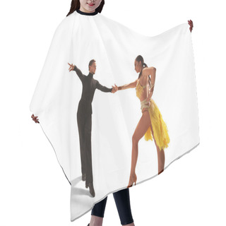 Personality  Couple Dancers  Perform Latin Dance On White Background. Hair Cutting Cape