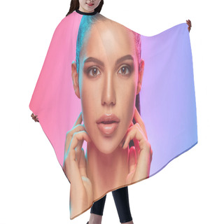 Personality  High Fashion Model Woman In Colorful Bright Lights Posing In Studio Hair Cutting Cape
