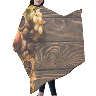 Personality  Top View Of Autumnal Harvest And Decoration On Brown Wooden Background Hair Cutting Cape