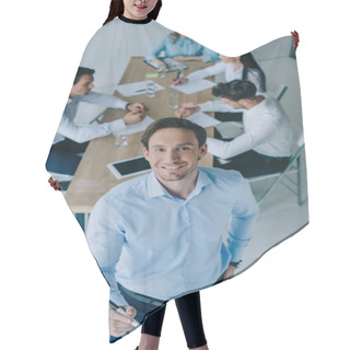 Personality  Selective Focus Of Smiling Businessman At White Board And Coworkers At Workplace In Office Hair Cutting Cape