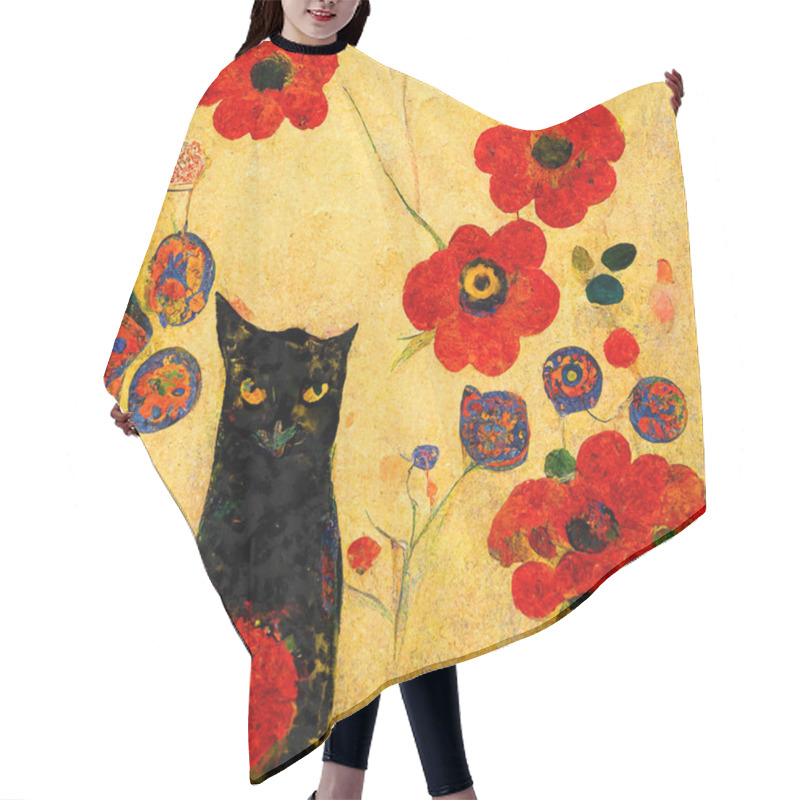 Personality  Portrait Of A Cat With Poppies Around. Painted In Art Nouveau Design Hair Cutting Cape